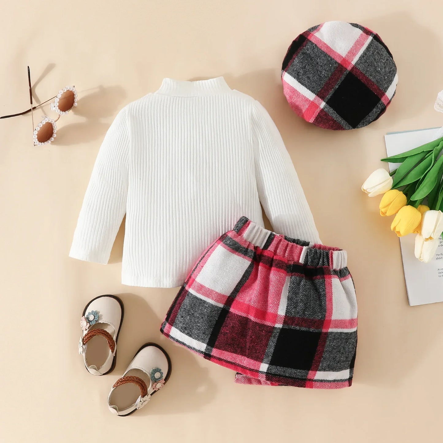 Baby/Toddler Girls Top & Houndtooth Skirt & Matching Beret Set (Age 6M-3YRS)