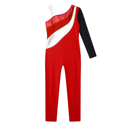 Girls Gymnastics One Shoulder Contrast Color Leotard Jumpsuit (Age 6-16 YRS)