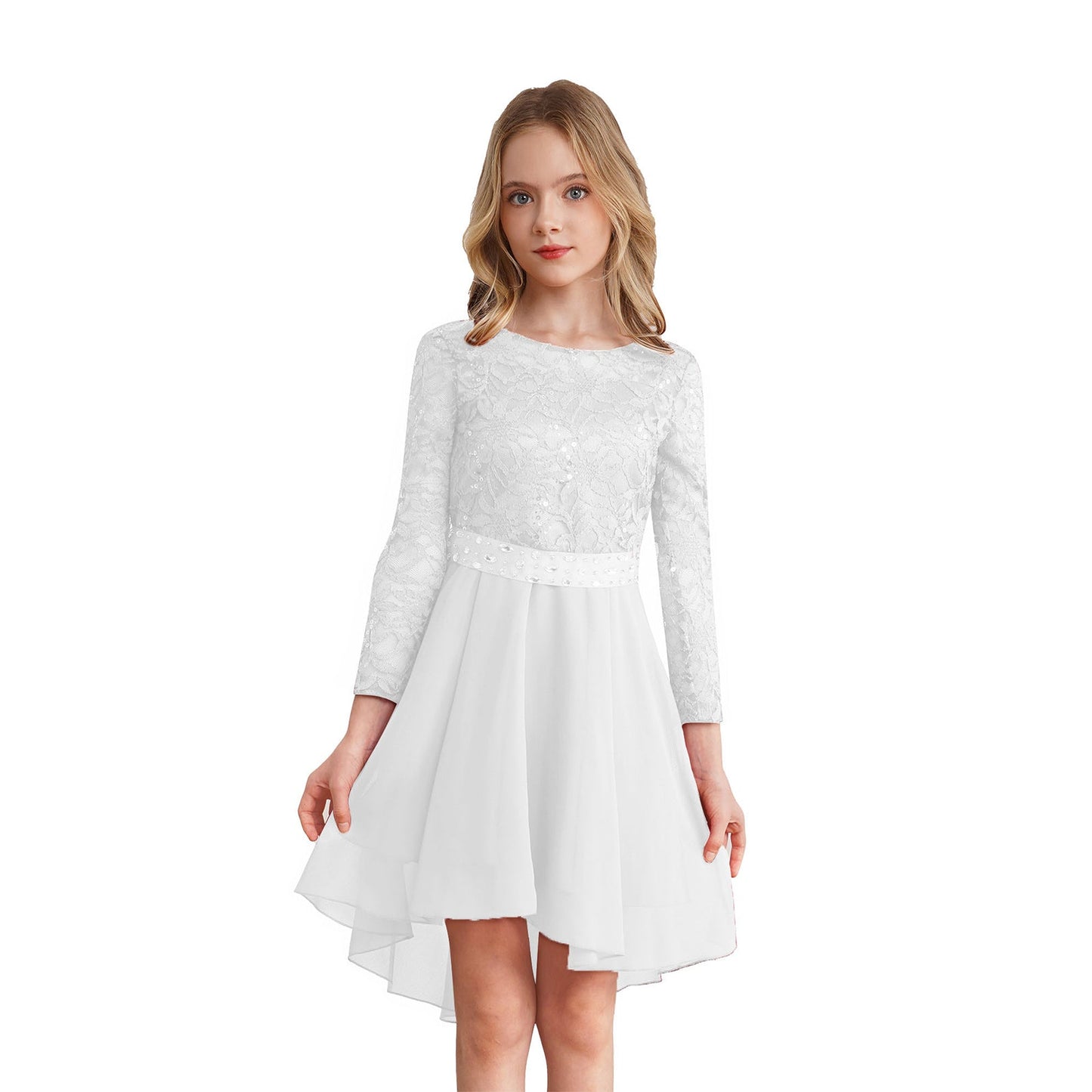 Girls Elegant Rhinestone Lace Chiffon Party Long Sleeve Dipped Hem Dress (Age 6-16YRS)