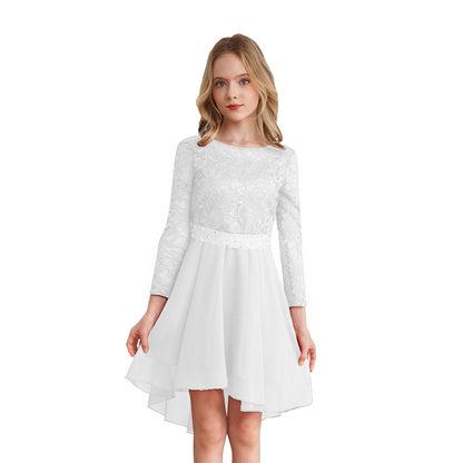 Girls Elegant Rhinestone Lace Chiffon Party Long Sleeve Dipped Hem Dress (Age 6-16YRS)