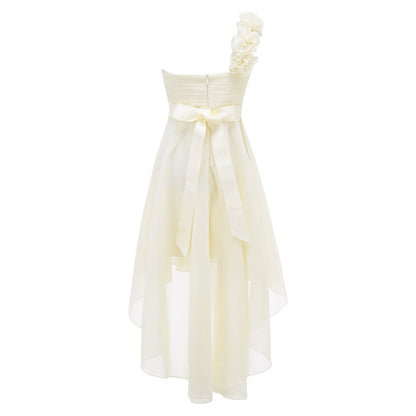 Girls Applique One-Shoulder Ruched Asymmetrical Hem Dress (Age 6-16YRS)
