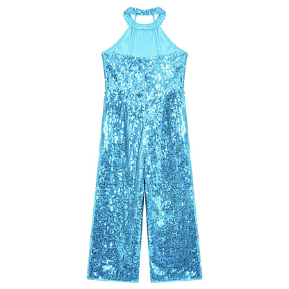 Girls Dance Sequin Sleeveless Halter Jumpsuit (Age 6-14YRS)