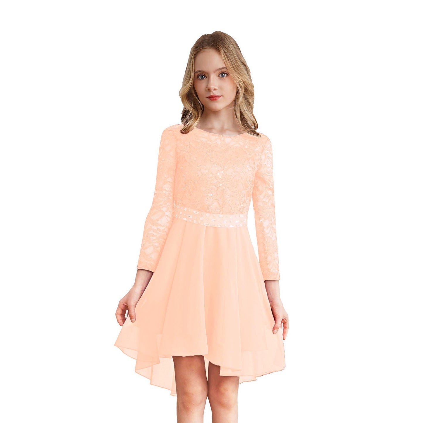 Girls Elegant Rhinestone Lace Chiffon Party Long Sleeve Dipped Hem Dress (Age 6-16YRS)