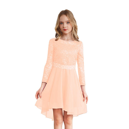 Girls Elegant Rhinestone Lace Chiffon Party Long Sleeve Dipped Hem Dress (Age 6-16YRS)
