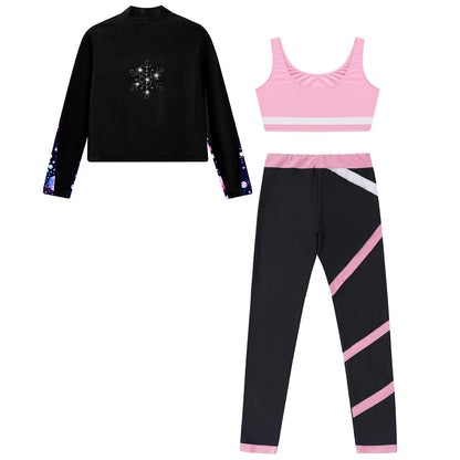 Girls Gymnastics Long Sleeves Athletic Shirt & Vest Tops & Leggings (Age 6-16 YRS)