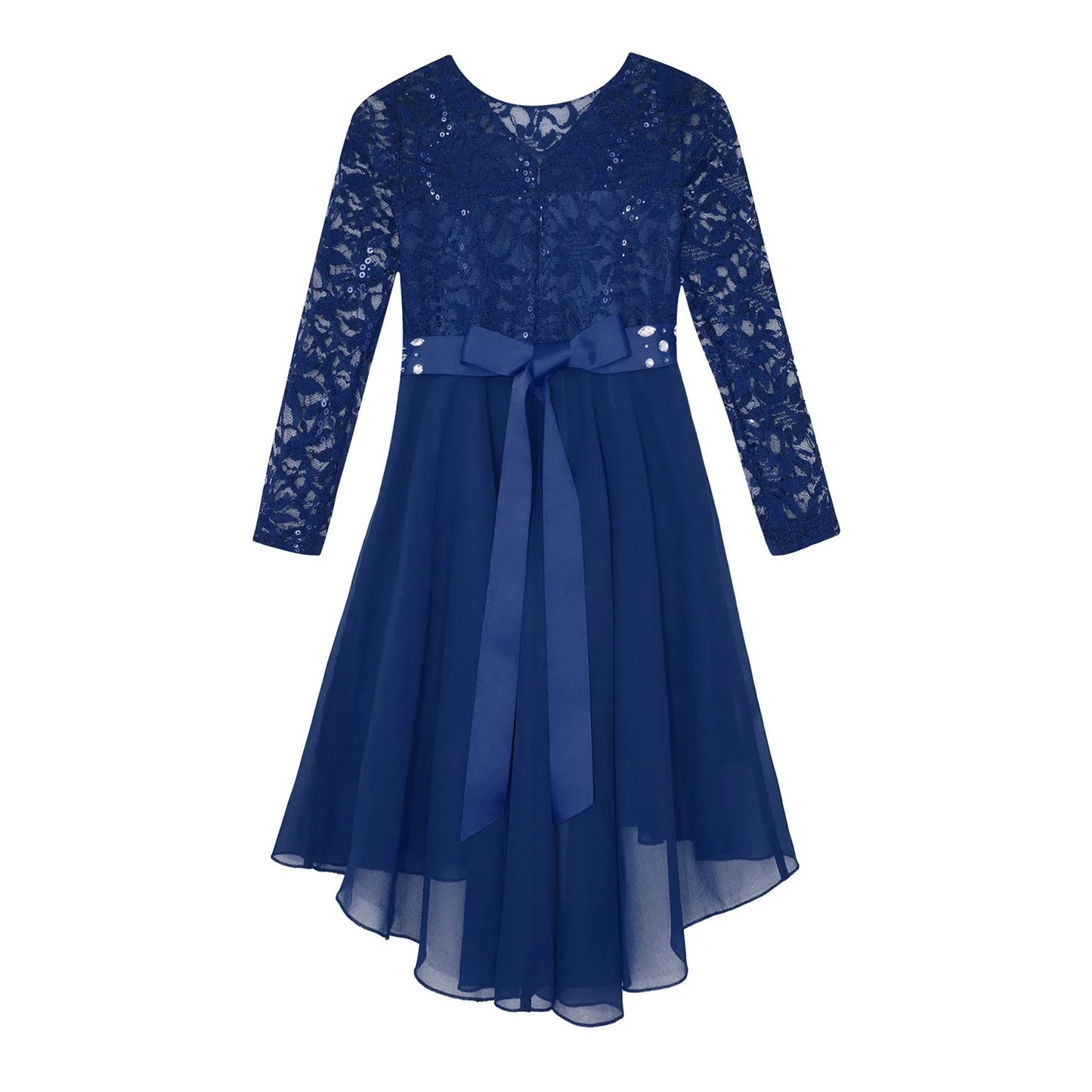 Girls Elegant Rhinestone Lace Chiffon Party Long Sleeve Dipped Hem Dress (Age 6-16YRS)
