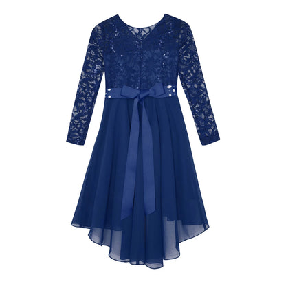 Girls Elegant Rhinestone Lace Chiffon Party Long Sleeve Dipped Hem Dress (Age 6-16YRS)