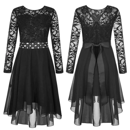 Girls Elegant Rhinestone Lace Chiffon Party Long Sleeve Dipped Hem Dress (Age 6-16YRS)