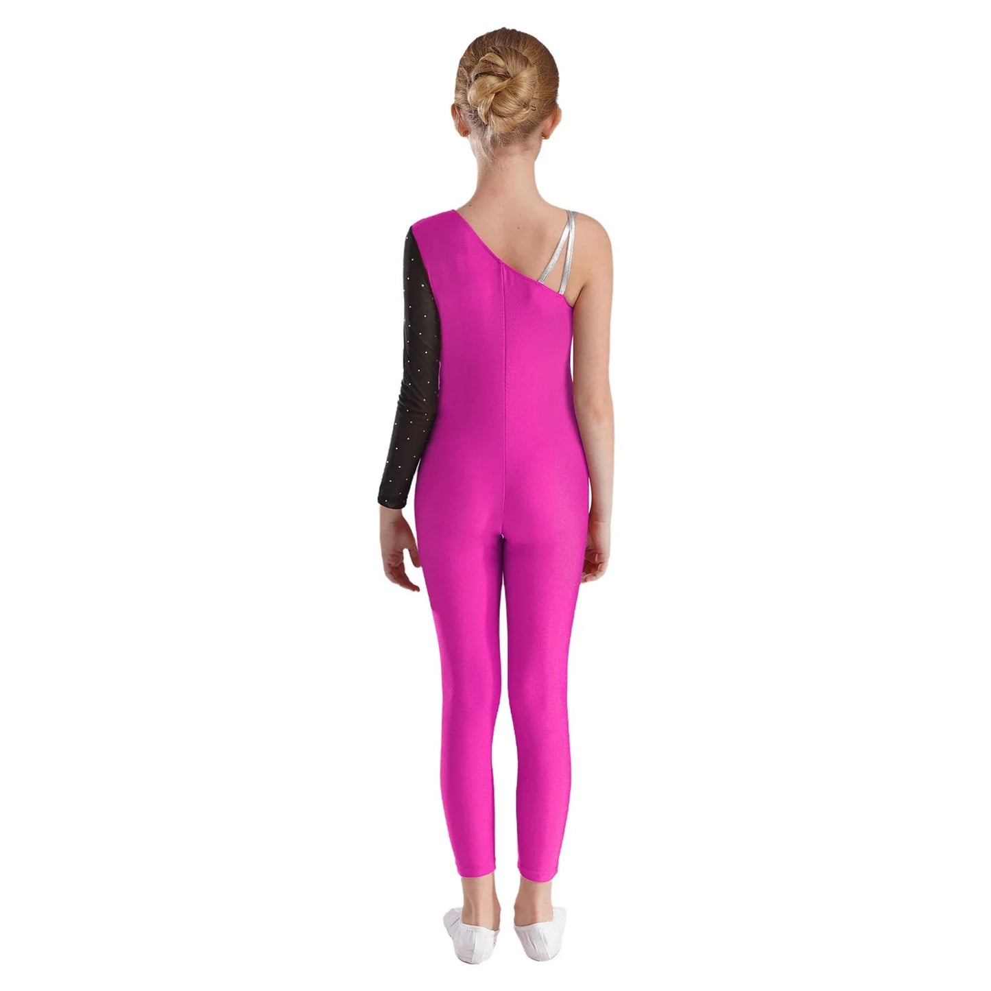 Girls Gymnastics One Shoulder Contrast Color Leotard Jumpsuit (Age 6-16 YRS)