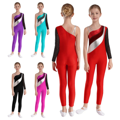 Girls Gymnastics One Shoulder Contrast Color Leotard Jumpsuit (Age 6-16 YRS)