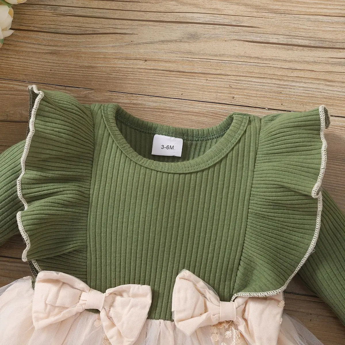 Baby/Toddler Girls Green Long Sleeved Flower Mesh Dress (Age 3M-4YRS)