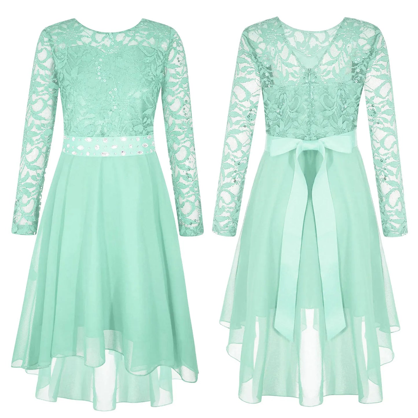 Girls Elegant Rhinestone Lace Chiffon Party Long Sleeve Dipped Hem Dress (Age 6-16YRS)