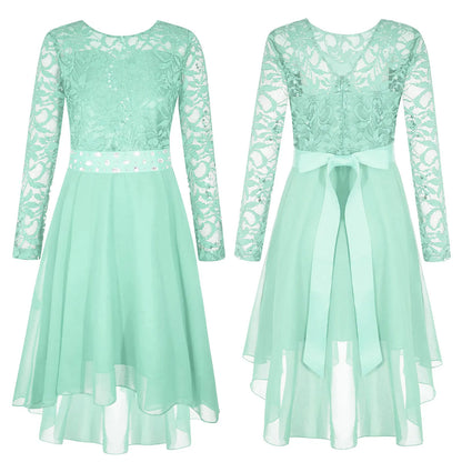 Girls Elegant Rhinestone Lace Chiffon Party Long Sleeve Dipped Hem Dress (Age 6-16YRS)