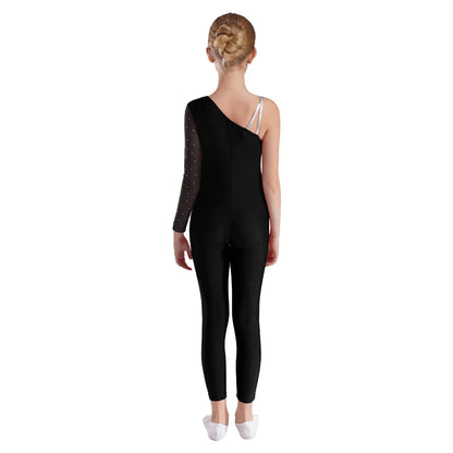 Girls Gymnastics One Shoulder Contrast Color Leotard Jumpsuit (Age 6-16 YRS)