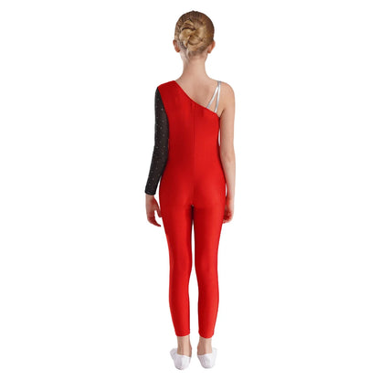 Girls Gymnastics One Shoulder Contrast Color Leotard Jumpsuit (Age 6-16 YRS)