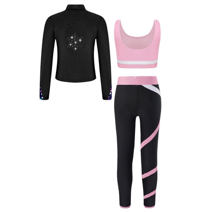 Girls Gymnastics Long Sleeves Athletic Shirt & Vest Tops & Leggings (Age 6-16 YRS)