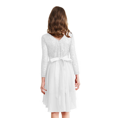 Girls Elegant Rhinestone Lace Chiffon Party Long Sleeve Dipped Hem Dress (Age 6-16YRS)