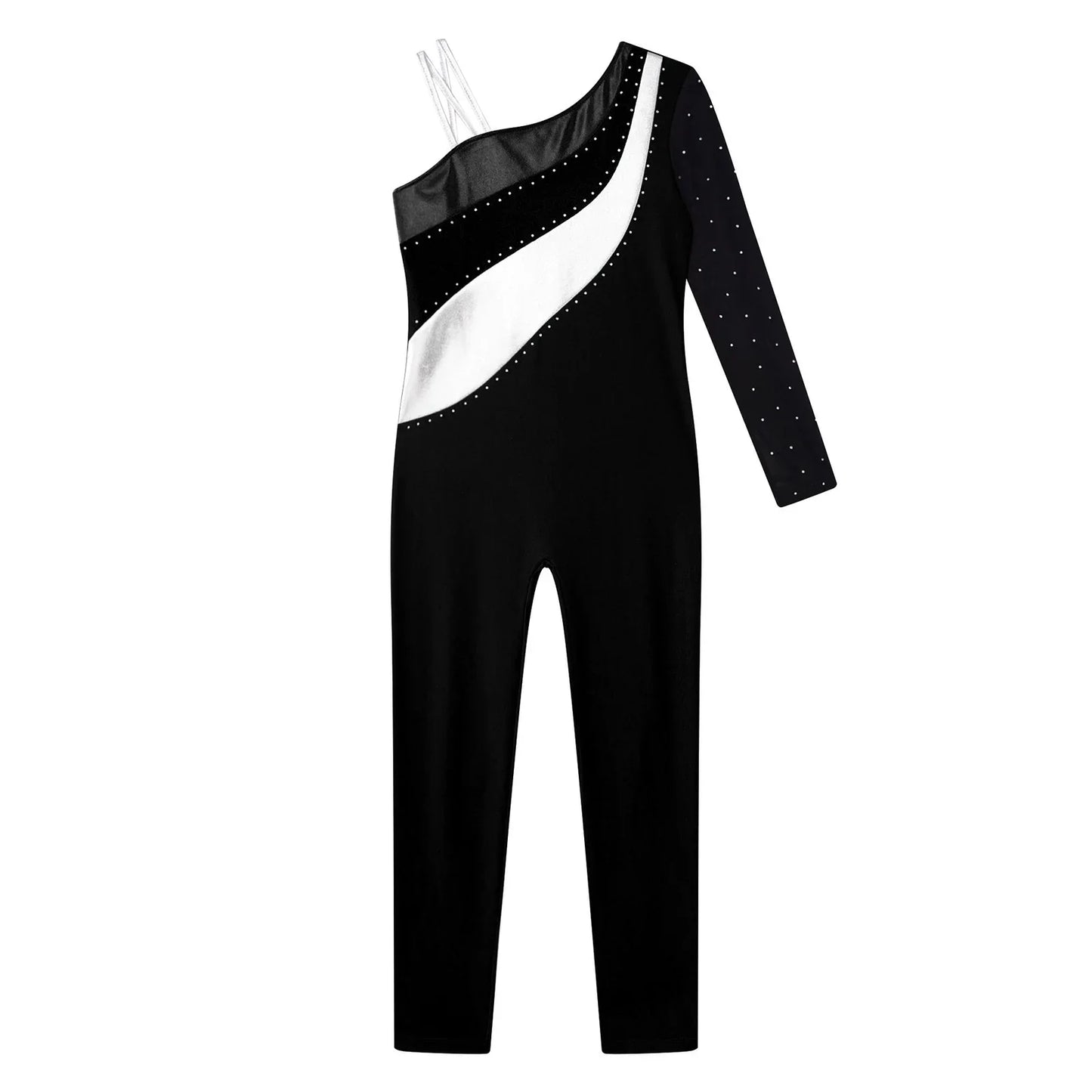 Girls Gymnastics One Shoulder Contrast Color Leotard Jumpsuit (Age 6-16 YRS)