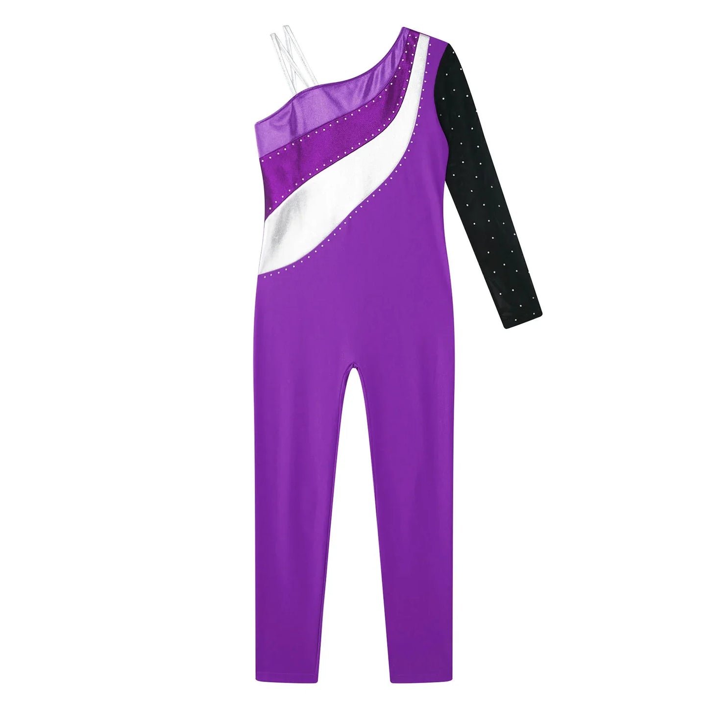 Girls Gymnastics One Shoulder Contrast Color Leotard Jumpsuit (Age 6-16 YRS)
