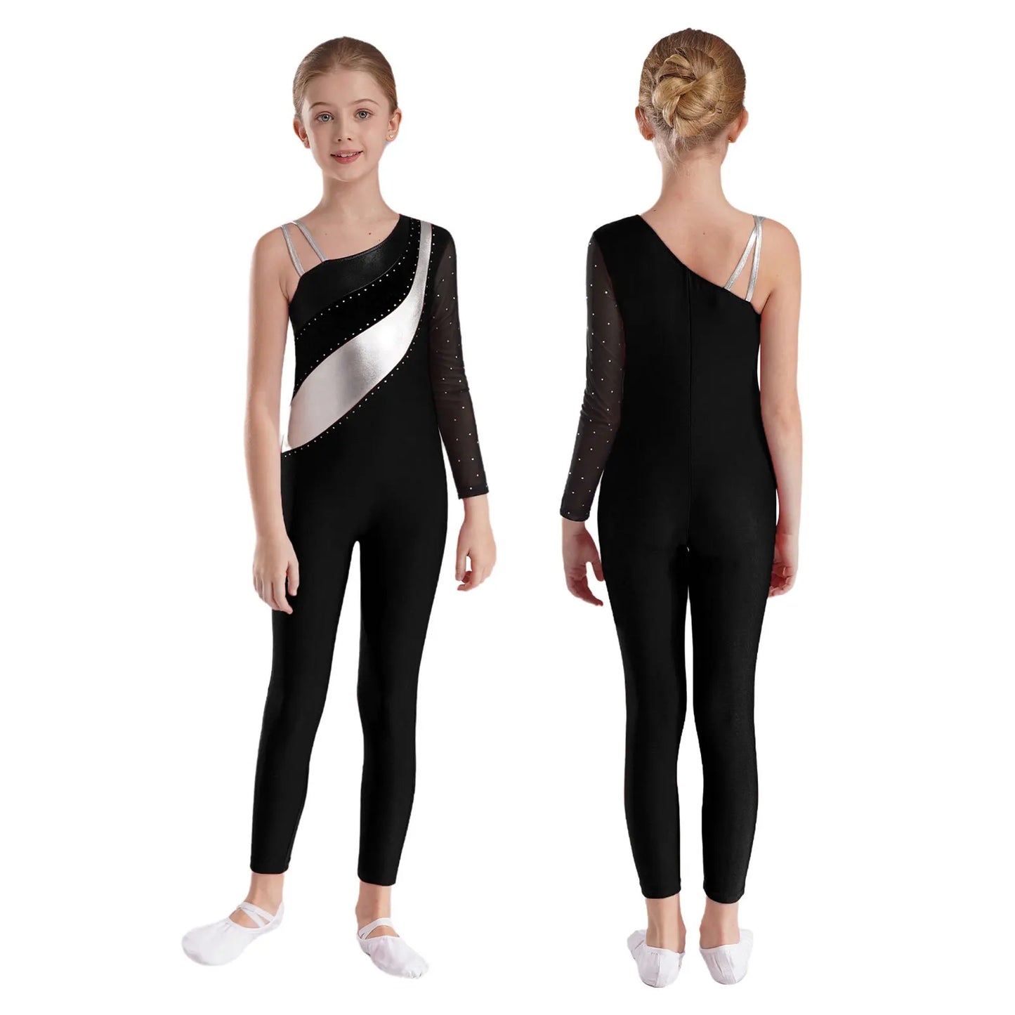 Girls Gymnastics One Shoulder Contrast Color Leotard Jumpsuit (Age 6-16 YRS)