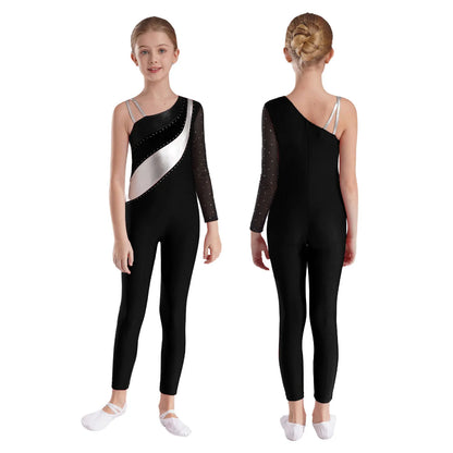 Girls Gymnastics One Shoulder Contrast Color Leotard Jumpsuit (Age 6-16 YRS)