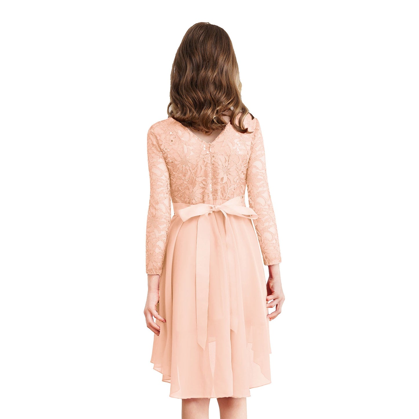 Girls Elegant Rhinestone Lace Chiffon Party Long Sleeve Dipped Hem Dress (Age 6-16YRS)