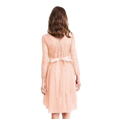 Girls Elegant Rhinestone Lace Chiffon Party Long Sleeve Dipped Hem Dress (Age 6-16YRS)