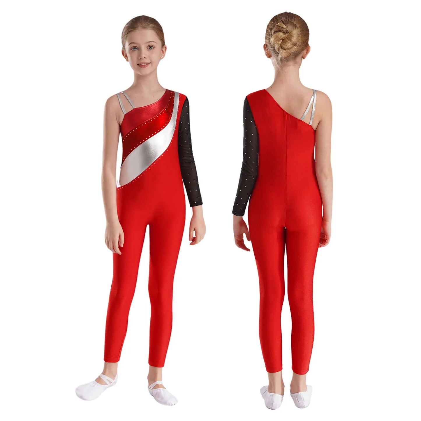Girls Gymnastics One Shoulder Contrast Color Leotard Jumpsuit (Age 6-16 YRS)