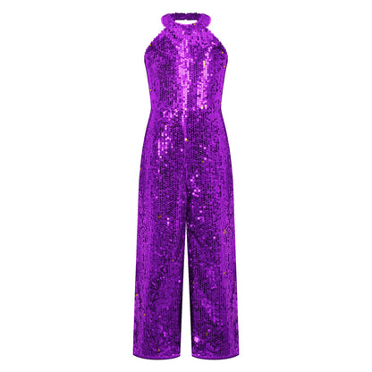Girls Dance Sequin Sleeveless Halter Jumpsuit (Age 6-14YRS)