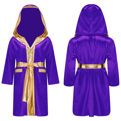 Boys Boxing Robe Costume Long Sleeve Hooded Cloak (Age 6-16YRS)