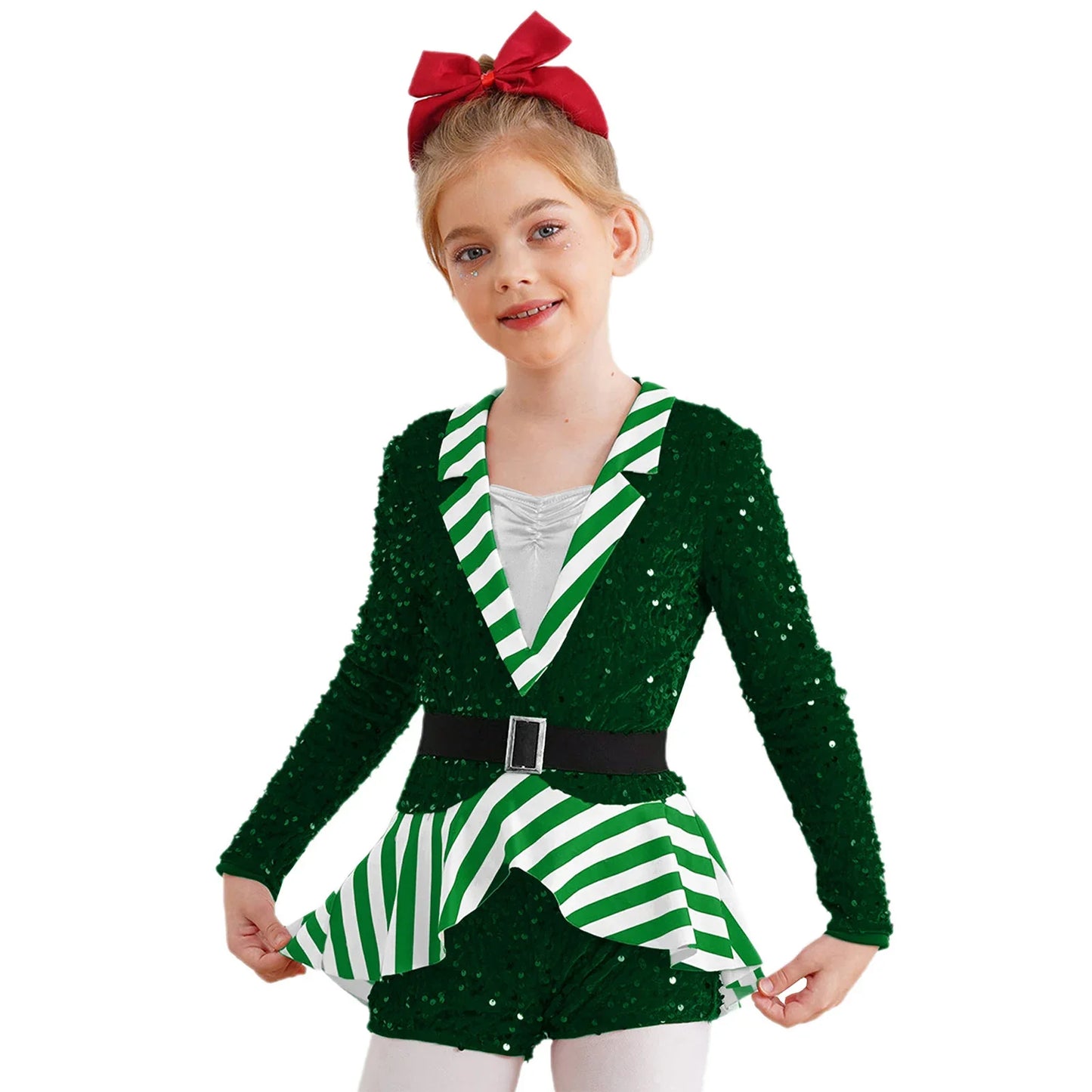 Girls Christmas Candy Cane Long Sleeve Sequin Stripe Costume (Age 6-16 YRS)