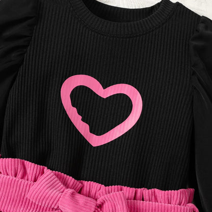 Girls Heart Print Ribbed Long-Sleeve Top and Belted Skirt Set (Age 24M-6YRS)
