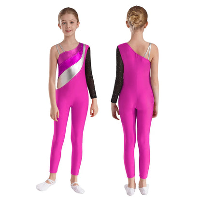 Girls Gymnastics One Shoulder Contrast Color Leotard Jumpsuit (Age 6-16 YRS)