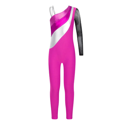 Girls Gymnastics One Shoulder Contrast Color Leotard Jumpsuit (Age 6-16 YRS)