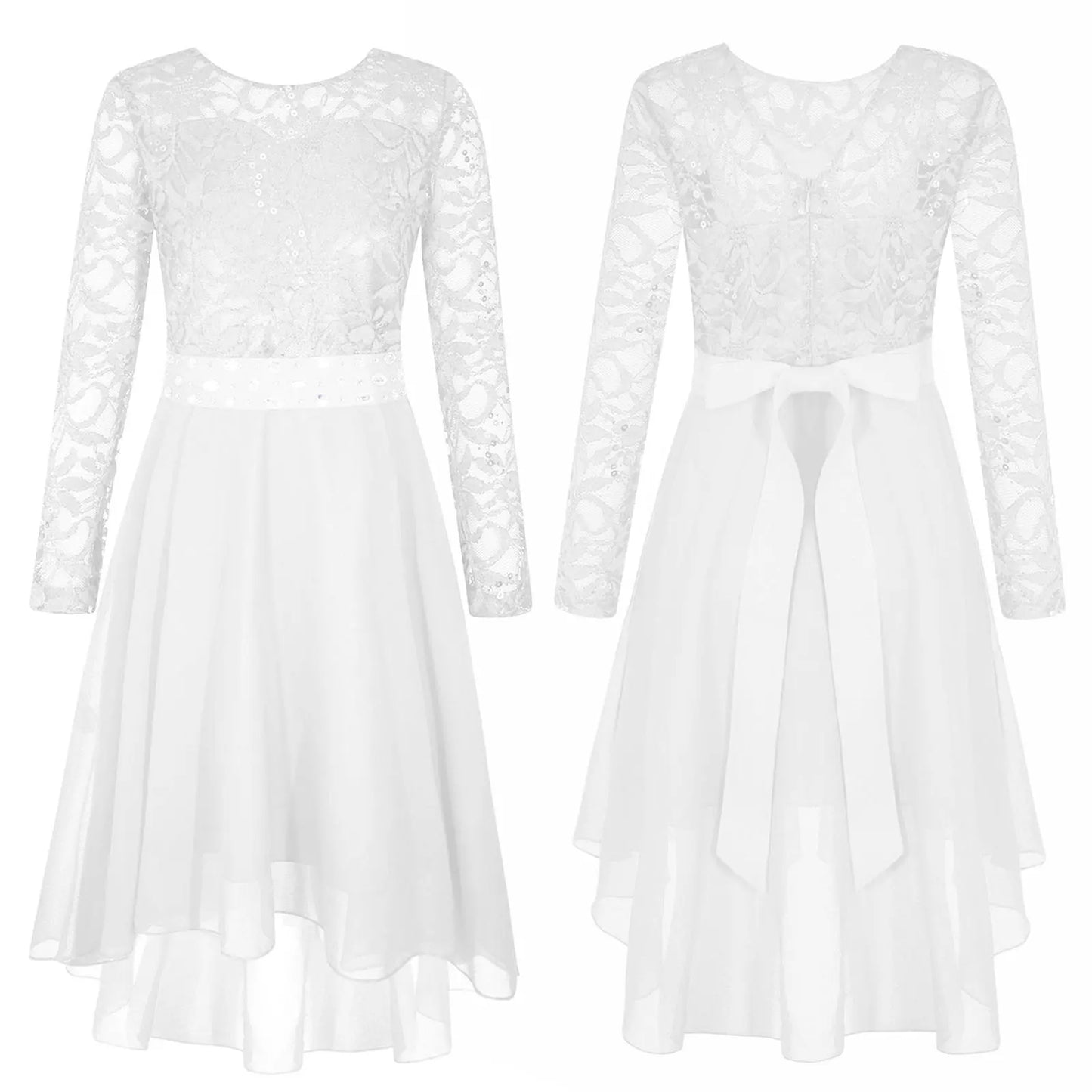 Girls Elegant Rhinestone Lace Chiffon Party Long Sleeve Dipped Hem Dress (Age 6-16YRS)