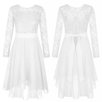 Girls Elegant Rhinestone Lace Chiffon Party Long Sleeve Dipped Hem Dress (Age 6-16YRS)