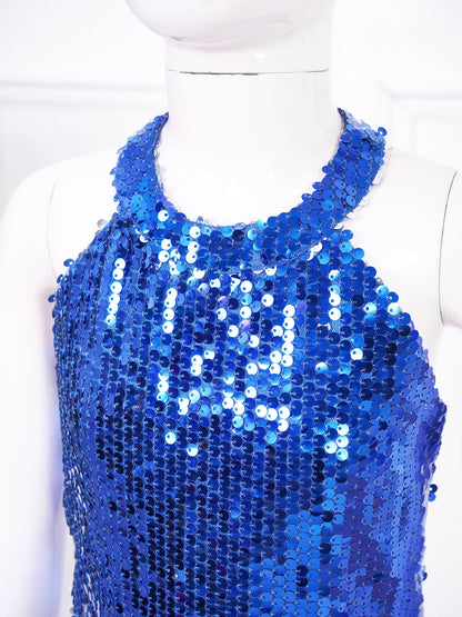 Girls Dance Sequin Sleeveless Halter Jumpsuit (Age 6-14YRS)
