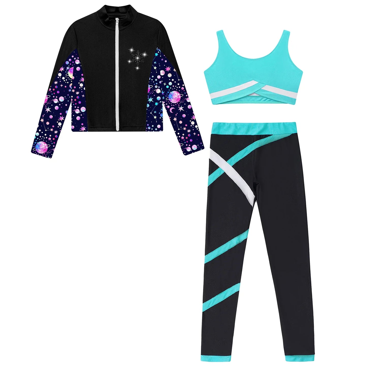 Girls Gymnastics Long Sleeves Athletic Shirt & Vest Tops & Leggings (Age 6-16 YRS)