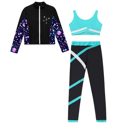 Girls Gymnastics Long Sleeves Athletic Shirt & Vest Tops & Leggings (Age 6-16 YRS)