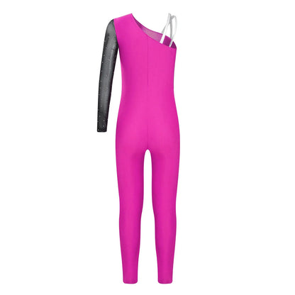 Girls Gymnastics One Shoulder Contrast Color Leotard Jumpsuit (Age 6-16 YRS)