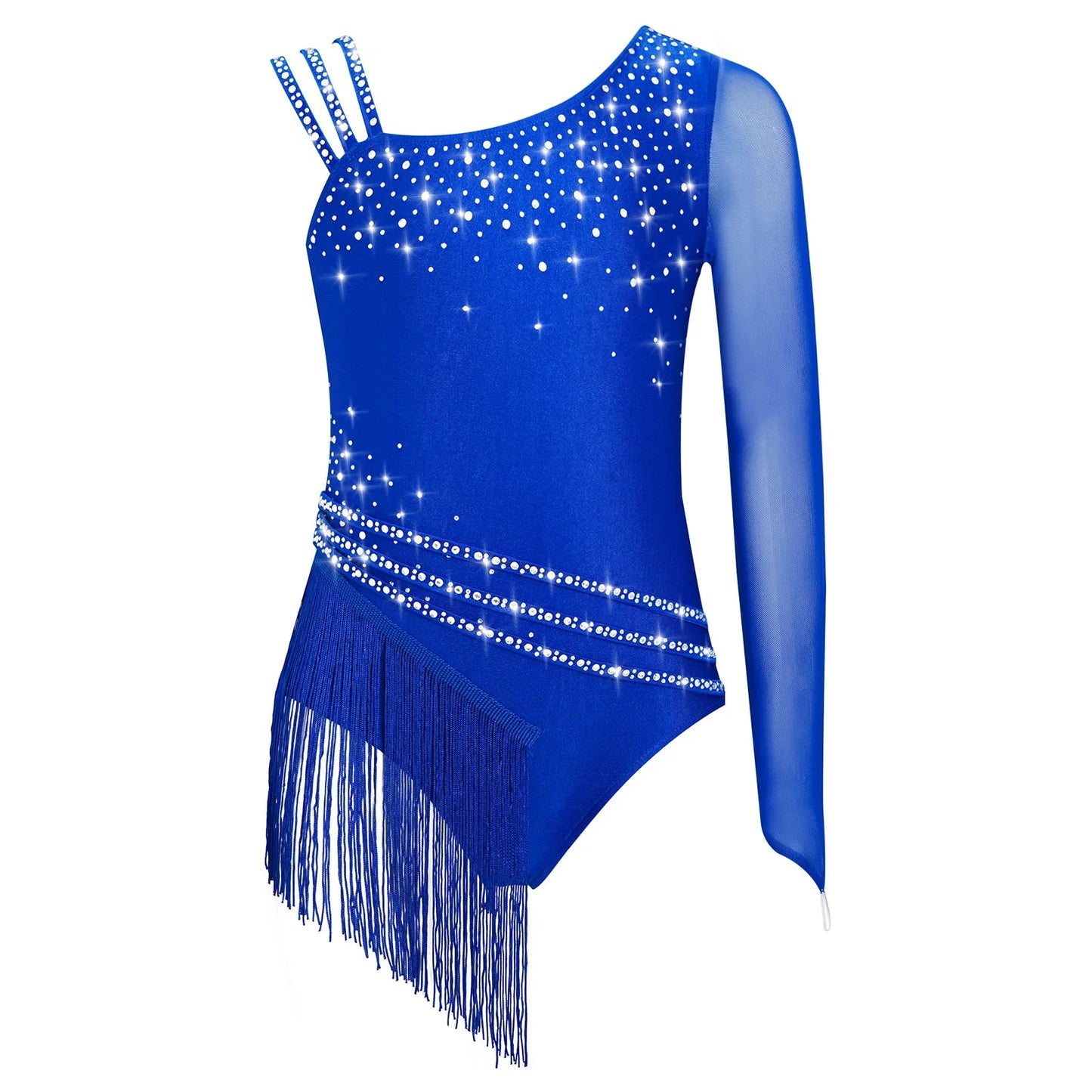 Girls Figure Skating Rhinestone Irregular Tassel Bodysuit Leotard (Age  6-16YRS)