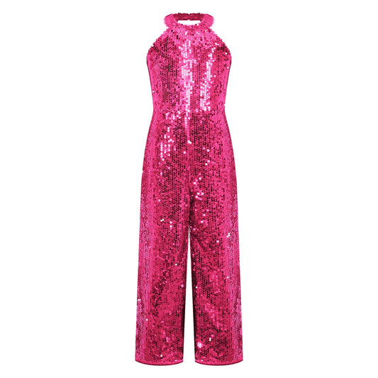 Girls Dance Sequin Sleeveless Halter Jumpsuit (Age 6-14YRS)