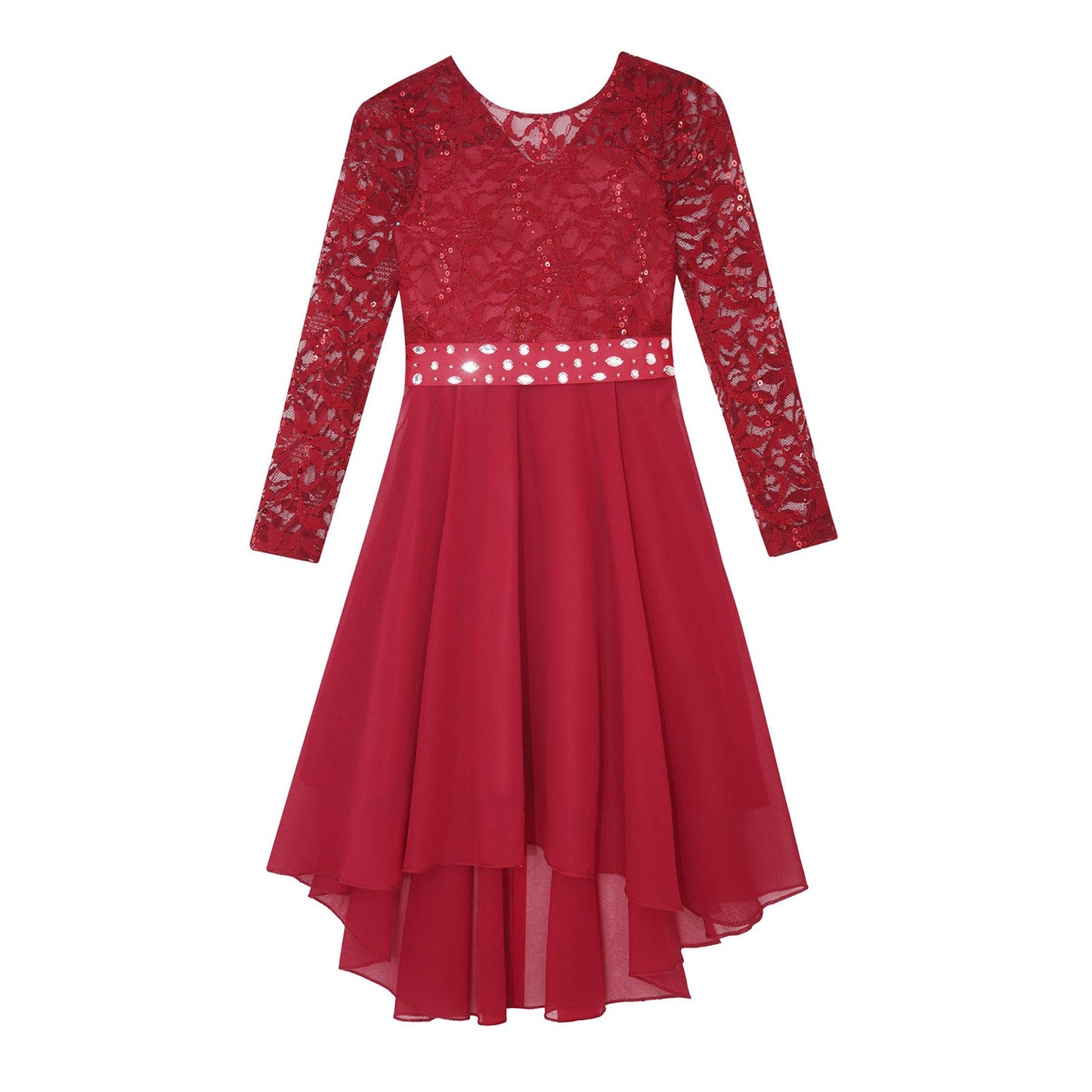 Girls Elegant Rhinestone Lace Chiffon Party Long Sleeve Dipped Hem Dress (Age 6-16YRS)
