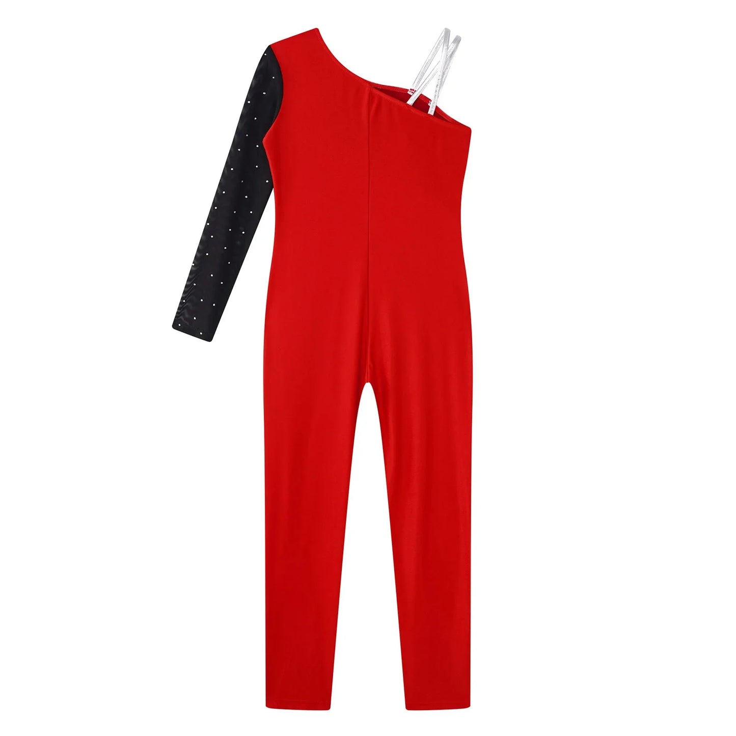Girls Gymnastics One Shoulder Contrast Color Leotard Jumpsuit (Age 6-16 YRS)