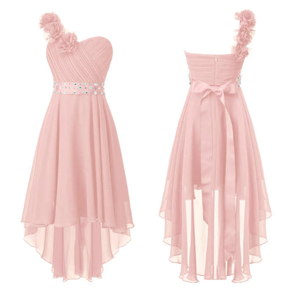 Girls Applique One-Shoulder Ruched Asymmetrical Hem Dress (Age 6-16YRS)