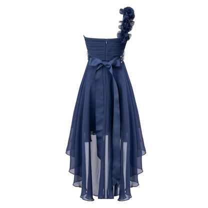 Girls Applique One-Shoulder Ruched Asymmetrical Hem Dress (Age 6-16YRS)