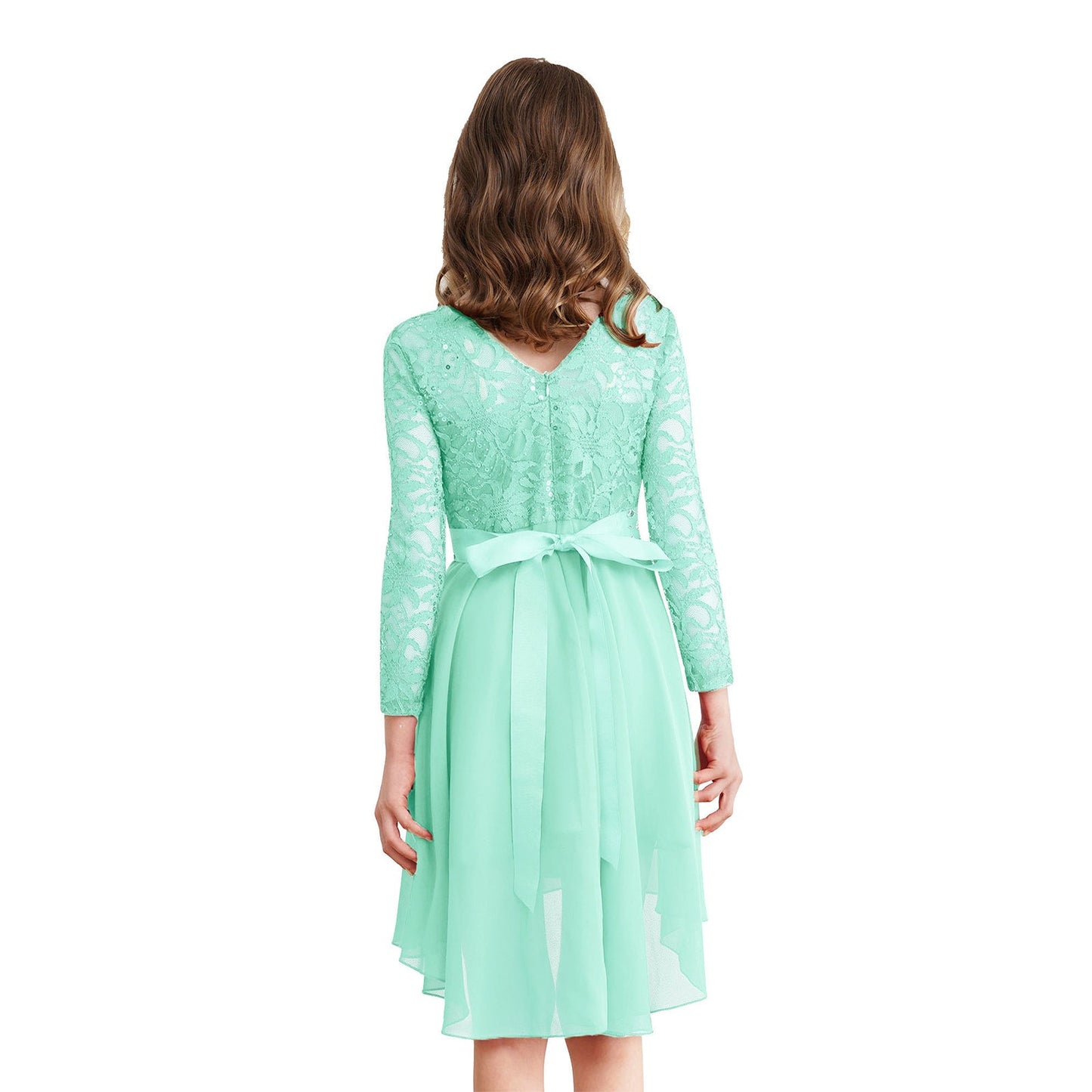 Girls Elegant Rhinestone Lace Chiffon Party Long Sleeve Dipped Hem Dress (Age 6-16YRS)