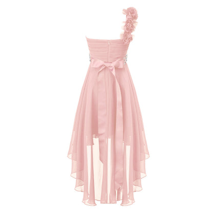 Girls Applique One-Shoulder Ruched Asymmetrical Hem Dress (Age 6-16YRS)