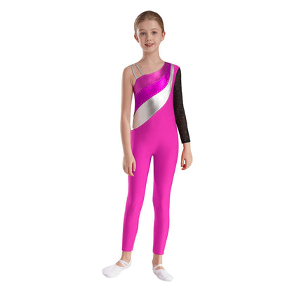 Girls Gymnastics One Shoulder Contrast Color Leotard Jumpsuit (Age 6-16 YRS)