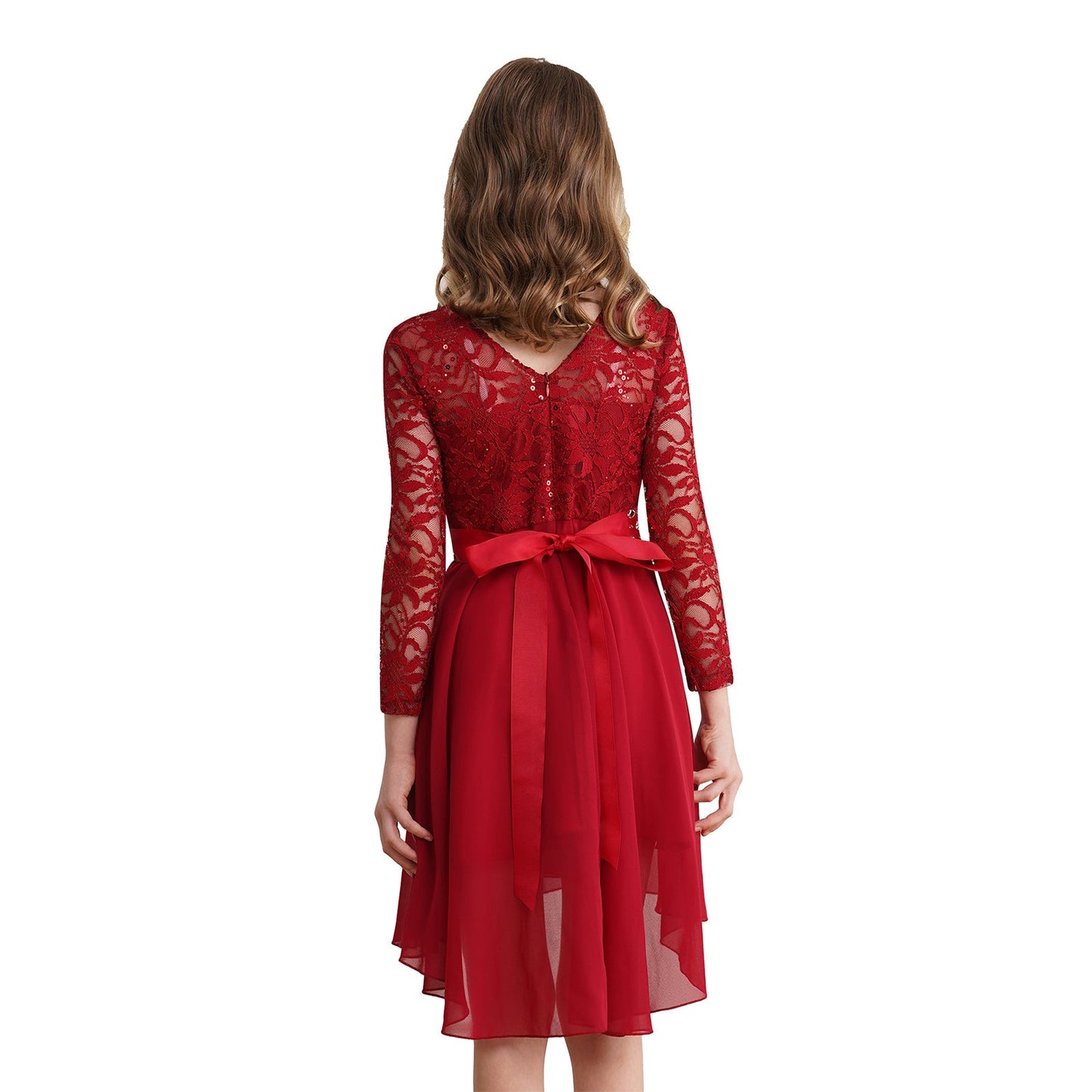 Girls Elegant Rhinestone Lace Chiffon Party Long Sleeve Dipped Hem Dress (Age 6-16YRS)
